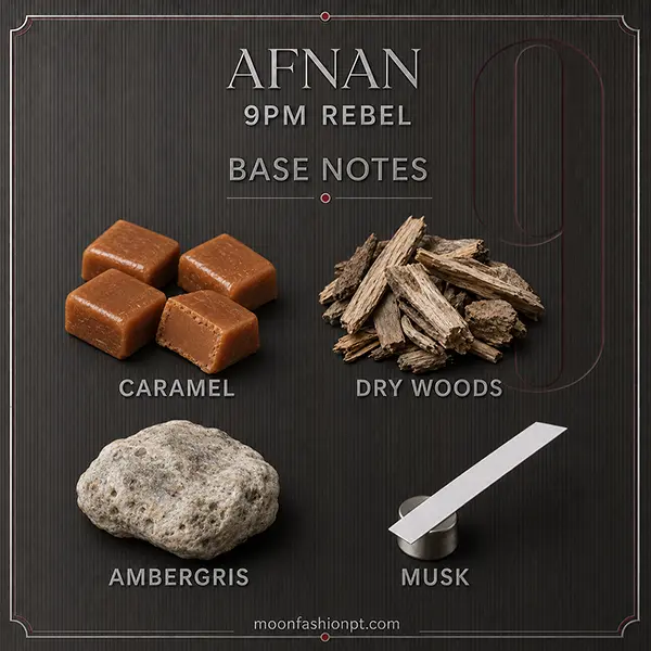 Caramel, dry woods, ambergris and musk displayed as Afnan 9PM Rebel base notes