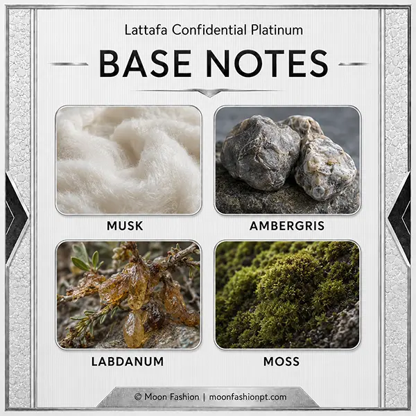 Base notes graphic for Lattafa Confidential Platinum showing musk, ambergris, labdanum and moss