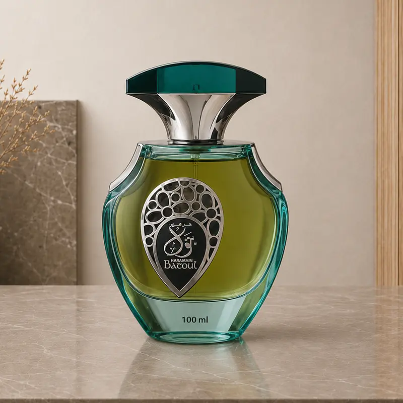Al Haramain Batoul 100ml Eau de Parfum bottle with teal glass edges and a silver ornamental label.