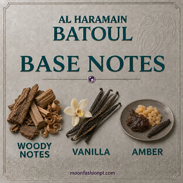 Batoul base notes visual showing woody materials, vanilla pods and an amber accord of resins and vanilla.