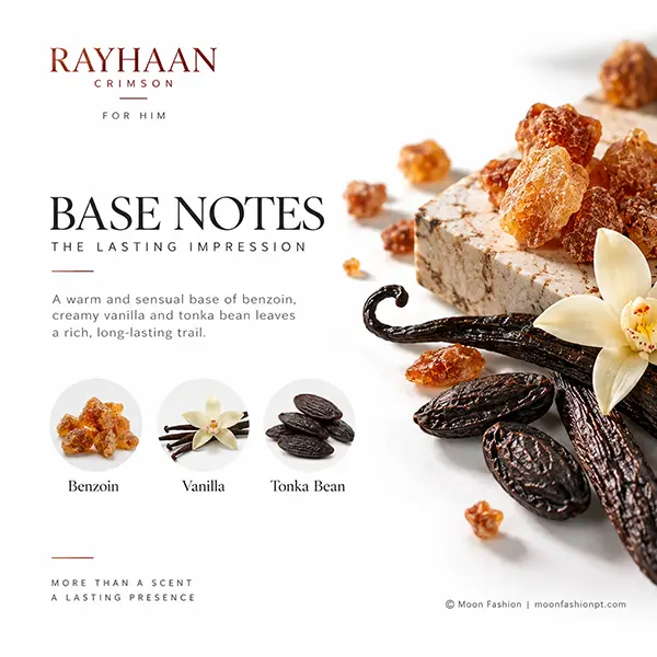 Crimson base-notes artwork featuring labelled benzoin resin, vanilla pods and tonka beans.