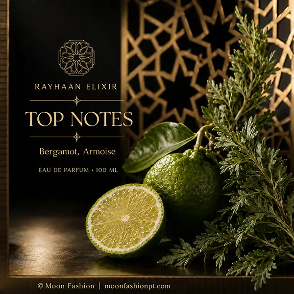 Bergamot and armoise presented as Rayhaan Elixir top notes on a black and gold background.