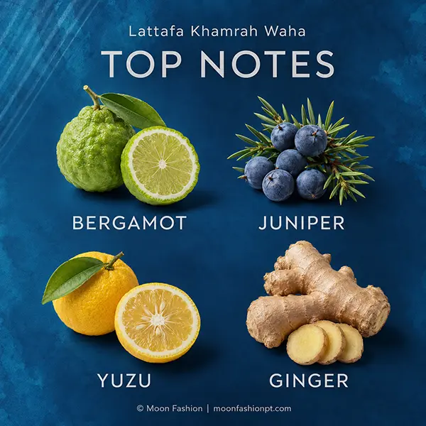 Bergamot, juniper berries, yuzu and ginger presented as the top notes of Lattafa Khamrah Waha.
