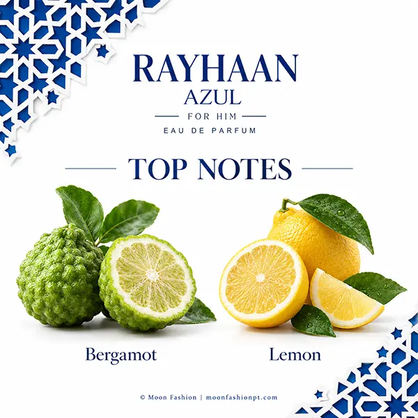 Bergamot and lemon halves illustrated on the Azul top notes card in blue and white.