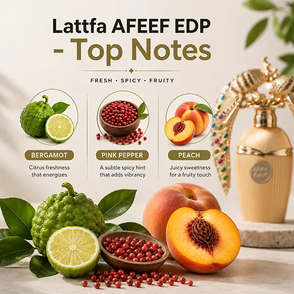 Fragrance notes graphic of Lattafa Afeef displaying bergamot, pink pepper, and peach.