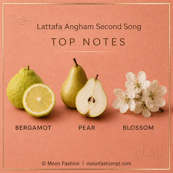 Bergamot, pear and pale blossoms present the top notes of Lattafa Angham Second Song.