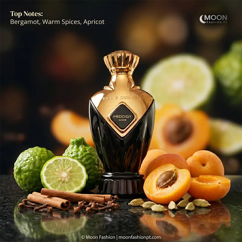 Paris Corner Prodigy Noir opens with zesty bergamot and apricot notes for high-performance freshness and spicy warmth.