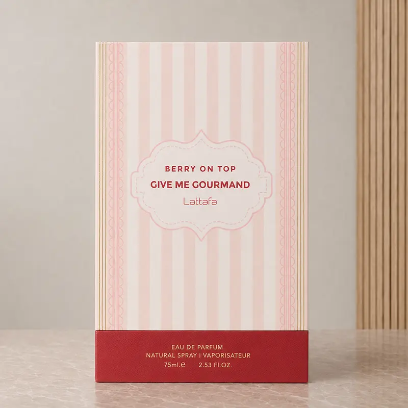 Berry on Top striped pink box showing Lattafa branding, Eau de Parfum and 75 ml size