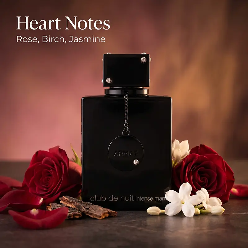 Masculine heart of birch and rose in Armaf Club de Nuit Intense Man provides a bold, smoky European fragrance profile.