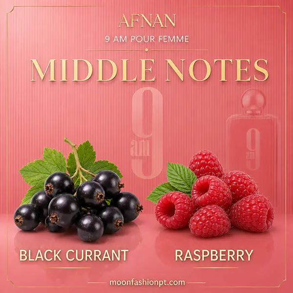 Black currant and raspberry displayed as the middle notes of Afnan 9 AM Pour Femme