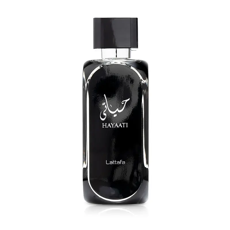 Distinctive black glass bottle presenting the front-facing design of Lattafa Hayaati Eau de Parfum