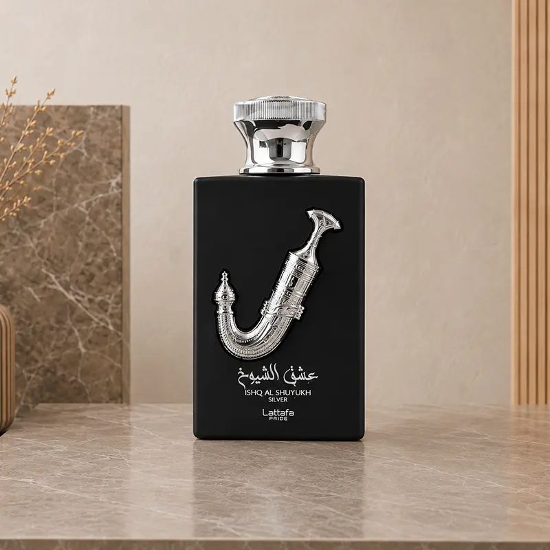 Black Ishq Al Shuyukh Silver perfume bottle with silver cap and horn emblem.