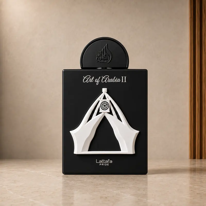 Black Art of Arabia II bottle with white architectural front detail and raised Lattafa logo on the cap.