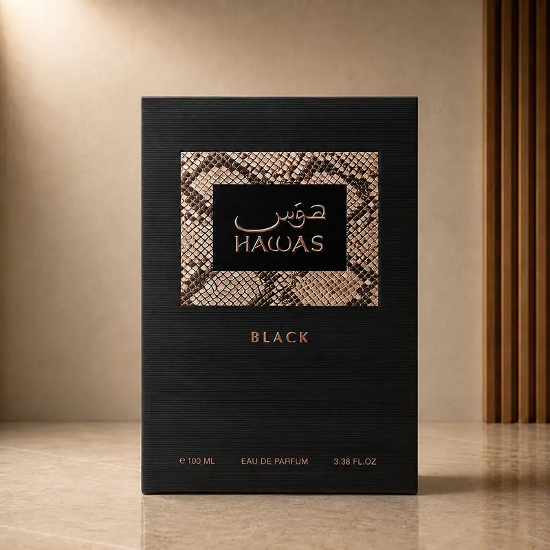 Black Hawas packaging with snakeskin print, rose-gold lettering and Eau de Parfum text.
