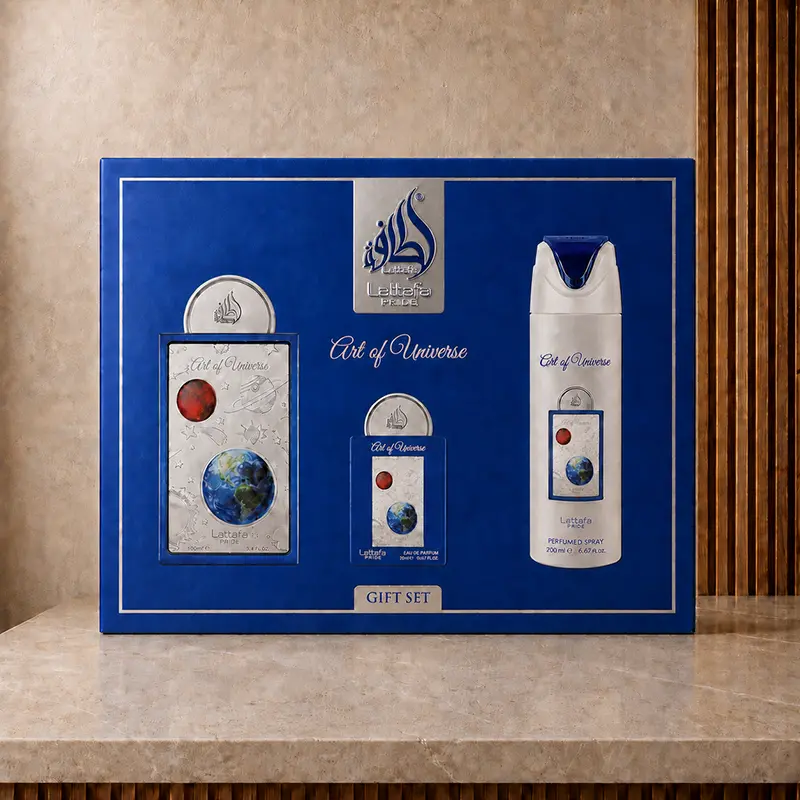 Blue Art of Universe gift box showing 100 ml EDP, 20 ml travel spray and 200 ml perfumed spray.