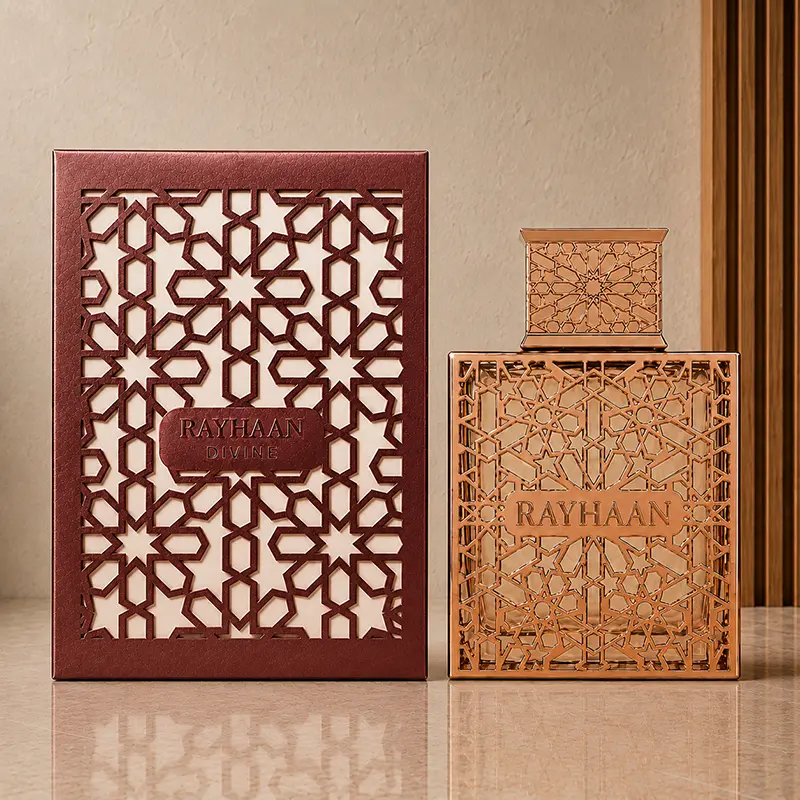 Rayhaan Divine box and bottle together in a warm studio front view.