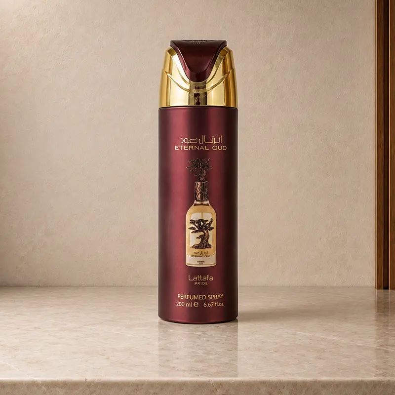 Burgundy 200 ml Eternal Oud perfumed spray with gold shoulder and cap