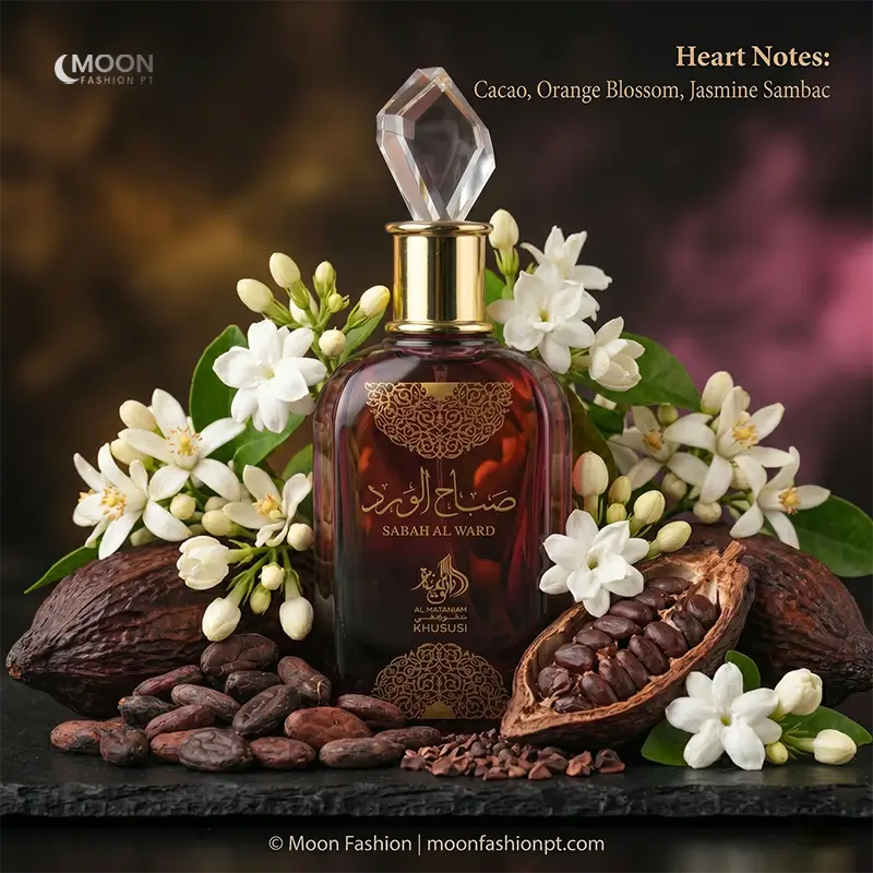 Al Wataniah Sabah Al Ward for women reveals a sweet heart of cacao and jasmine sambac for an alluring scent trail.