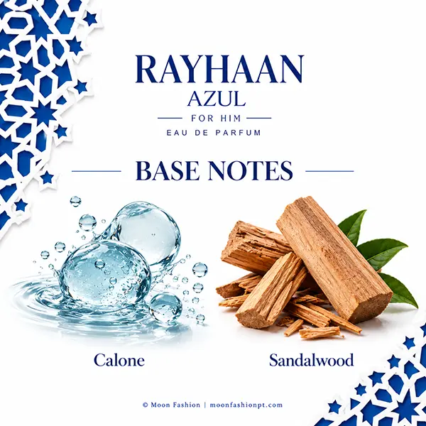 Calone water droplets and sandalwood illustrated on the Rayhaan Azul base notes card.