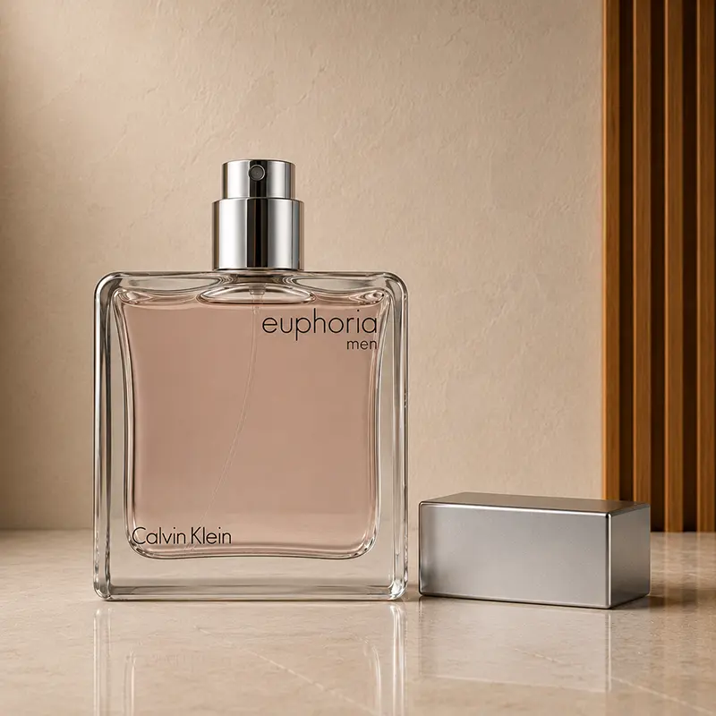 Calvin Klein Euphoria Men bottle with cap removed, exposed atomiser and silver cap beside it in a studio setting.