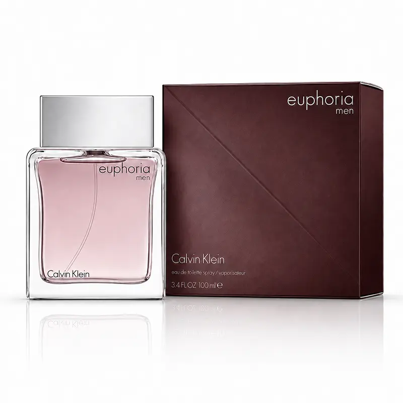 Calvin Klein Euphoria Men 100ml bottle and burgundy box on a white background with soft reflection.