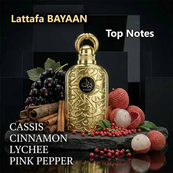 Top fragrance notes of Lattafa Bayaan showcasing cassis, cinnamon, and litchi accords for scent discovery.