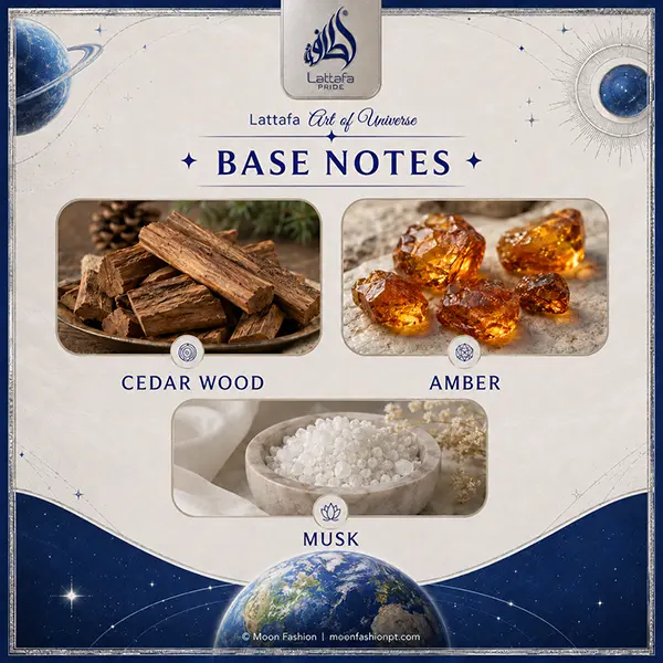 Cedar wood, amber and musk displayed as the base notes of Lattafa Art of Universe.
