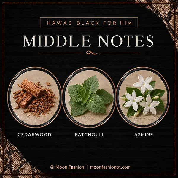 Hawas Black middle-notes graphic showing cedarwood, patchouli and jasmine.
