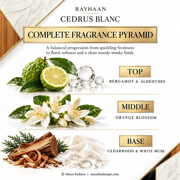 Cedrus Blanc fragrance pyramid showing bergamot and aldehydes, orange blossom, cedarwood and white musk
