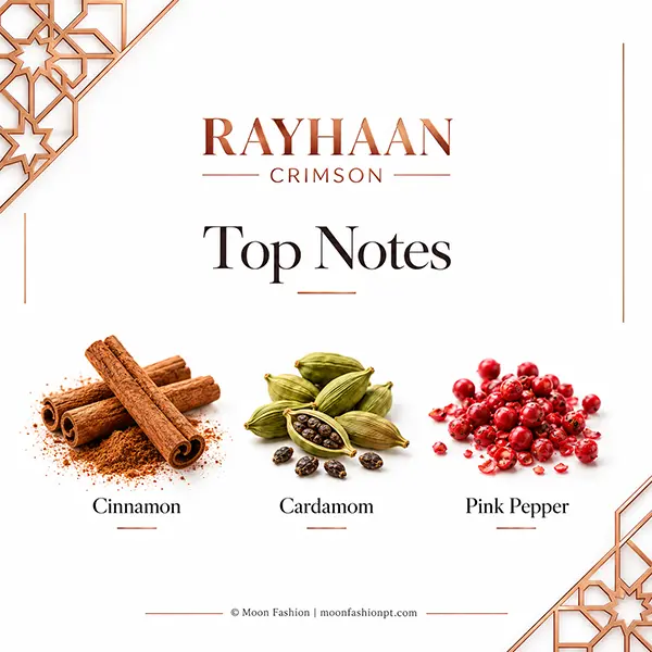 Top-notes artwork with labelled cinnamon sticks, green cardamom pods and pink peppercorns.