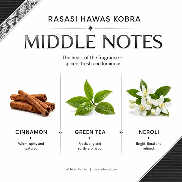 Cinnamon, green tea and neroli shown as the middle notes of Rasasi Hawas Kobra.