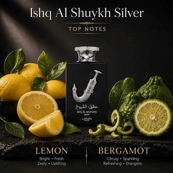 Olfactory profile graphic illustrating the vibrant top notes of lemon and bergamot in Ishq Al Shuyukh Silver.