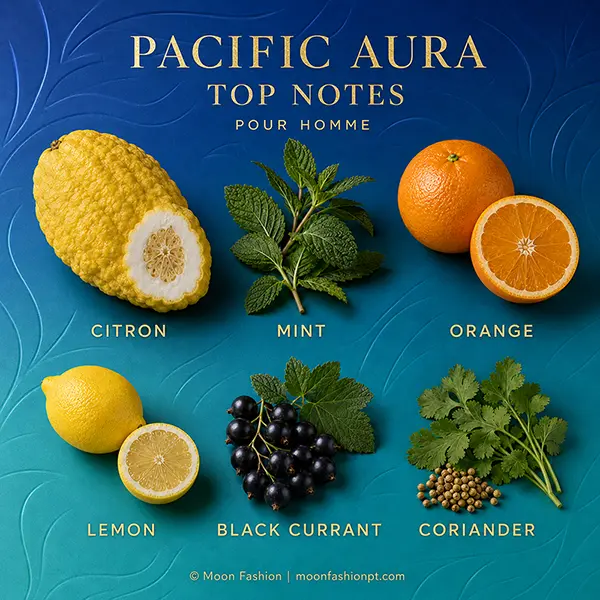 Pacific Aura top notes graphic with citron, mint, orange, lemon, black currant and coriander.