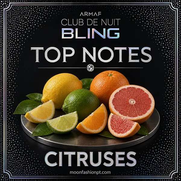 Citruses top-note visual for Club de Nuit Bling, with whole and sliced citrus fruit on a black graphic