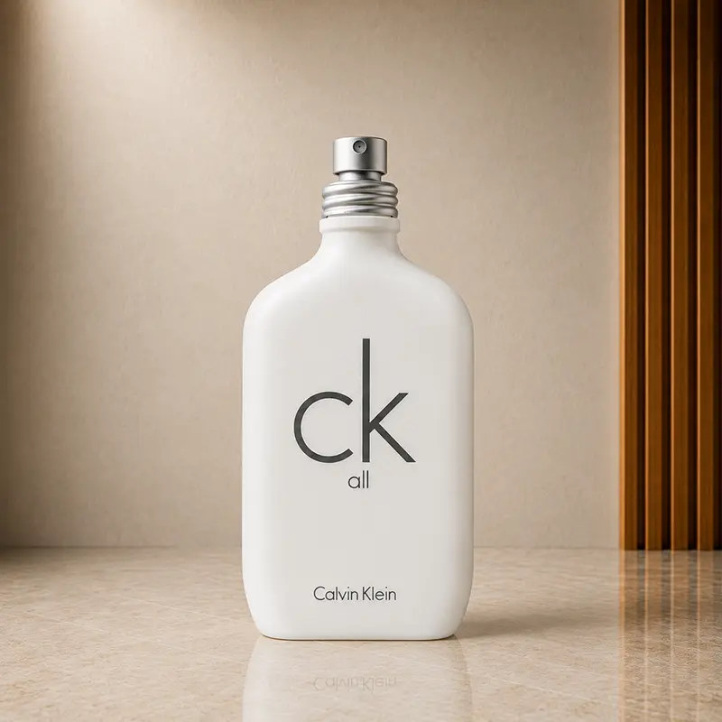 CK All bottle with cap removed, showing the silver spray atomiser in a studio setting