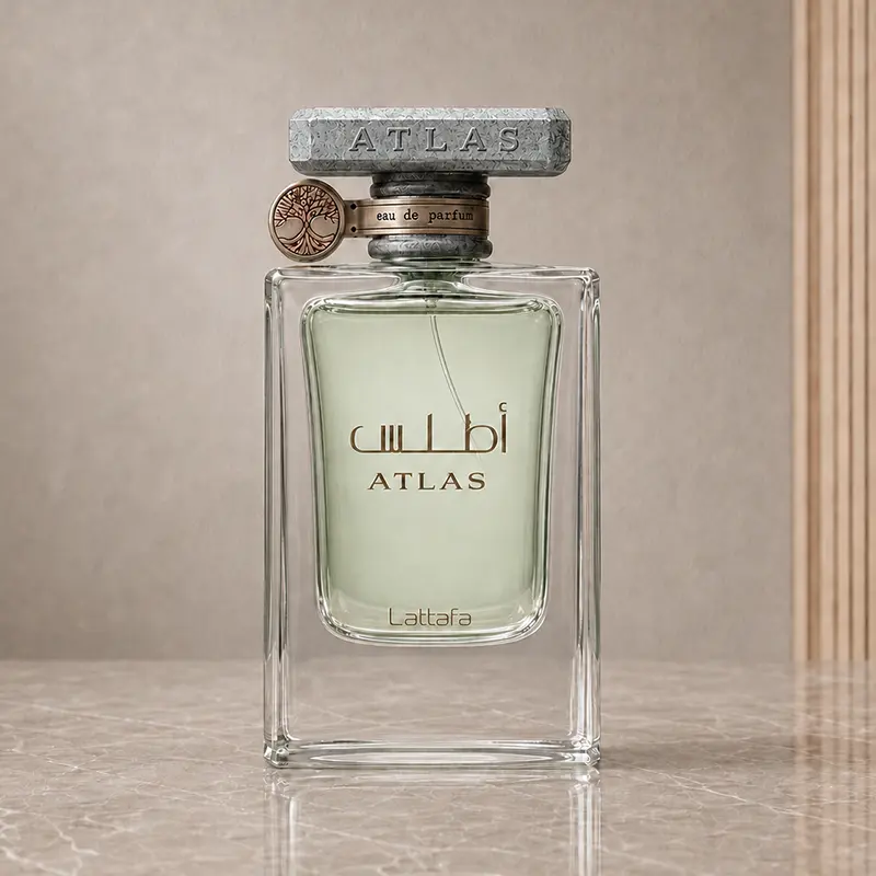 Clear Lattafa Atlas bottle with pale green liquid, textured cap and front branding
