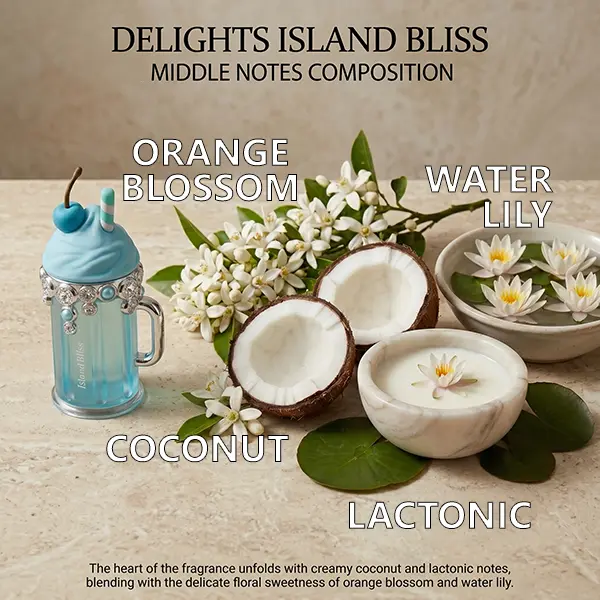 Middle notes composition of Armaf Island Bliss with coconut, water lily and orange blossom.