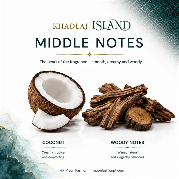 Middle notes graphic showing coconut and woody notes for Khadlaj Island.