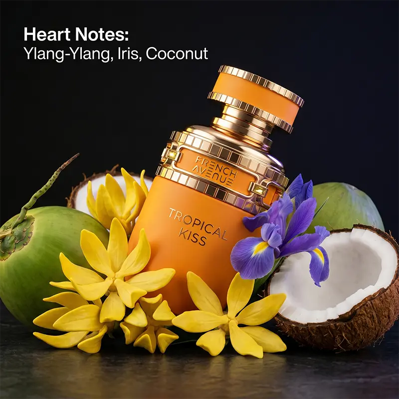 Floral and fruity heart notes of coconut and iris in French Avenue Tropical Kiss perfume for the European market.