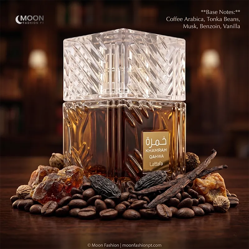 A rich arrangement of roasted coffee beans and vanilla pods surrounding the Lattafa Khamrah Qahwa unisex fragrance.