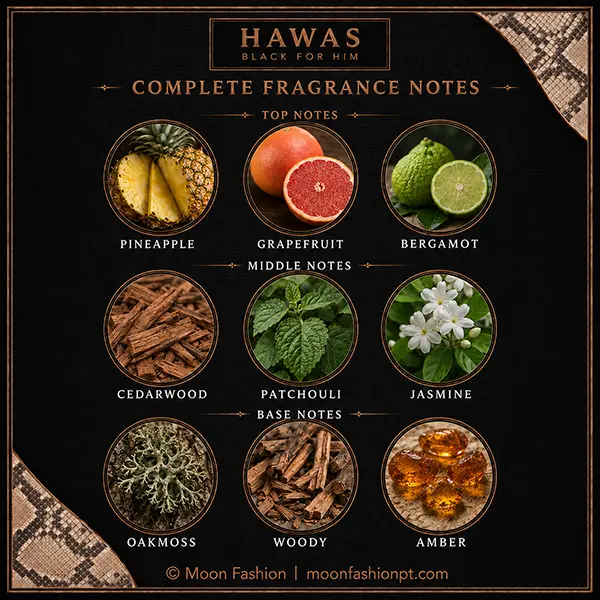 Complete Hawas Black fragrance-notes chart with top, middle and base notes.
