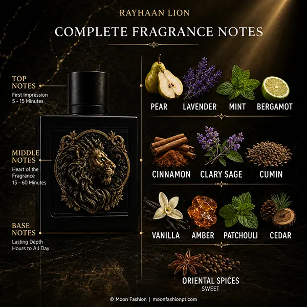 Complete fragrance notes chart for Rayhaan Lion with bottle and note illustrations.