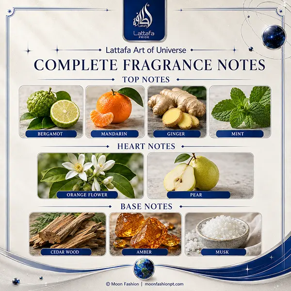 Complete Art of Universe notes: bergamot, mandarin, ginger, mint, orange flower, pear, cedar wood, amber and musk.