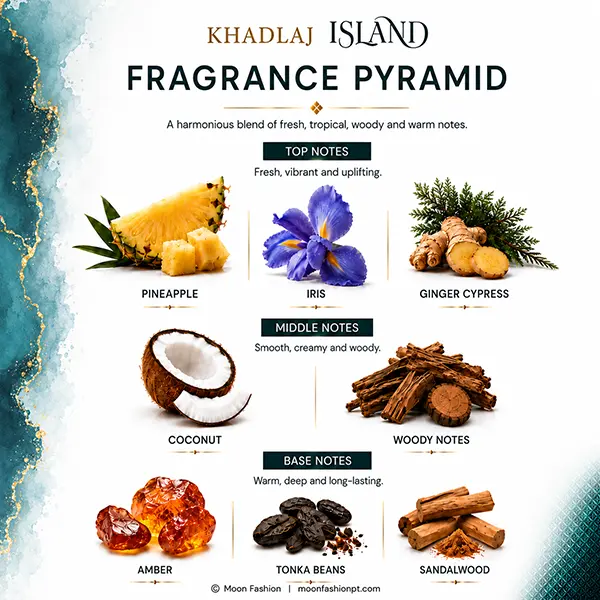 Fragrance pyramid showing all top, middle and base notes for Khadlaj Island.