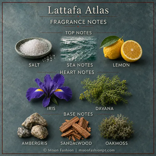 Complete Lattafa Atlas fragrance notes chart with top, heart and base note visuals