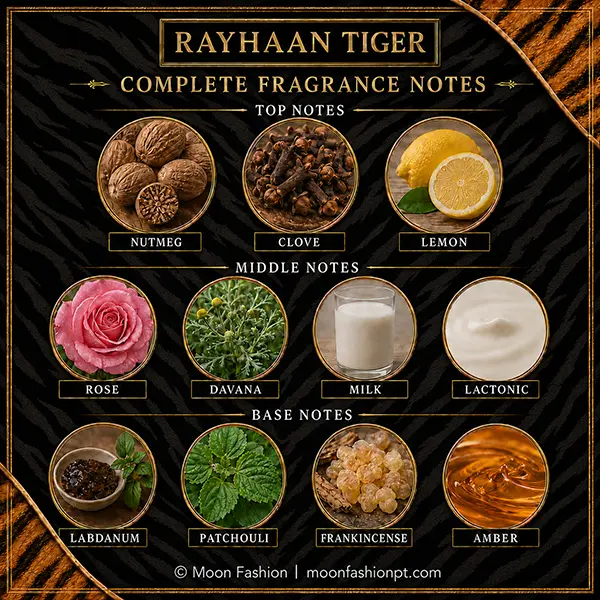 Complete Rayhaan Tiger note pyramid with eleven labelled images on a black tiger-themed layout.