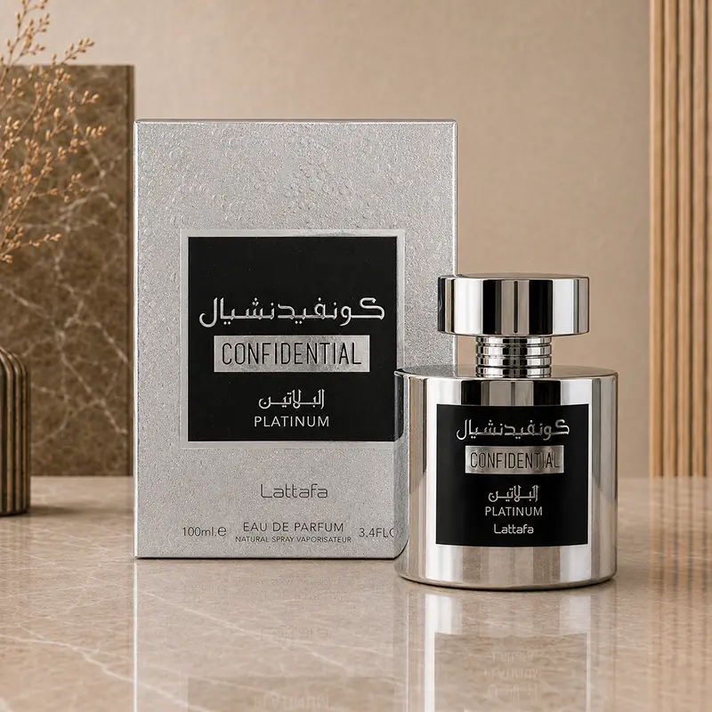 Silver Lattafa Confidential Platinum box beside the matching capped bottle in a beige setting