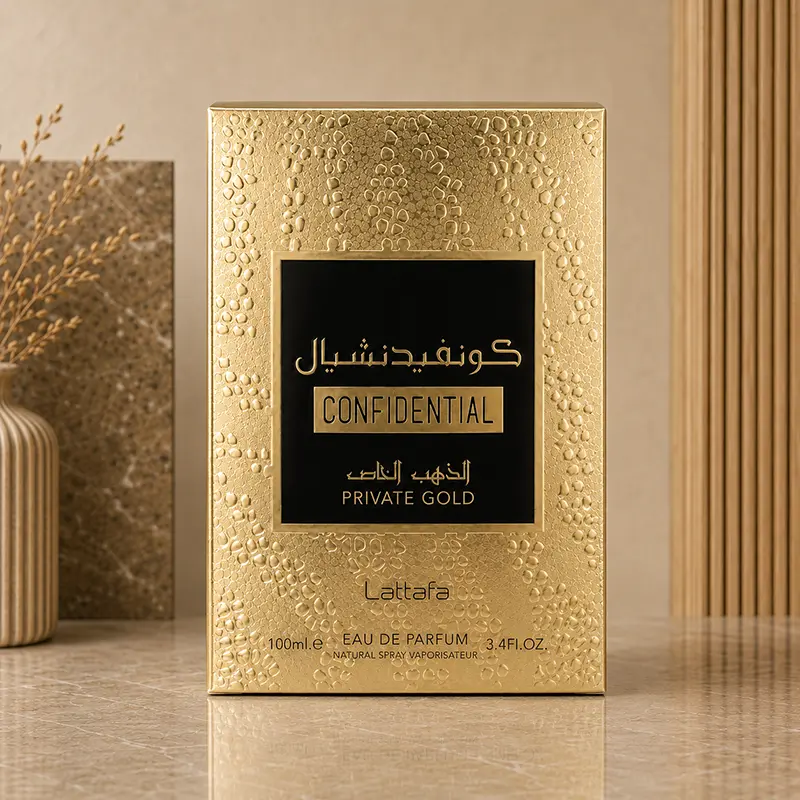 Textured gold Lattafa Confidential Private Gold Eau de Parfum box standing upright.