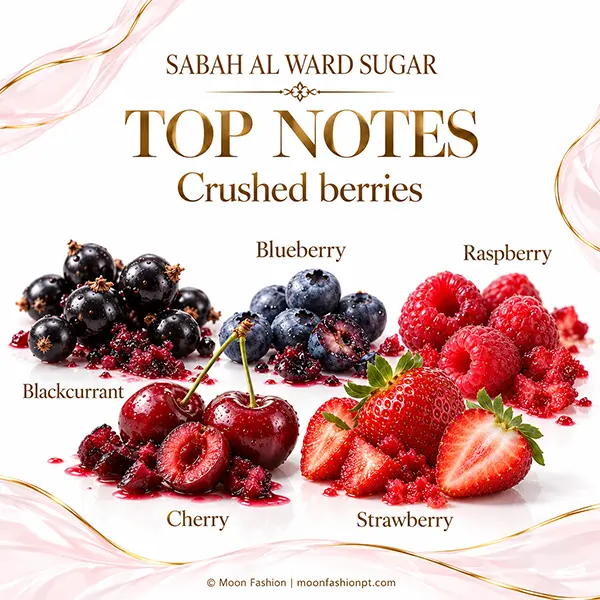 Crushed berry top notes for Sabah Al Ward Sugar: blackcurrant, blueberry, raspberry, cherry and strawberry.