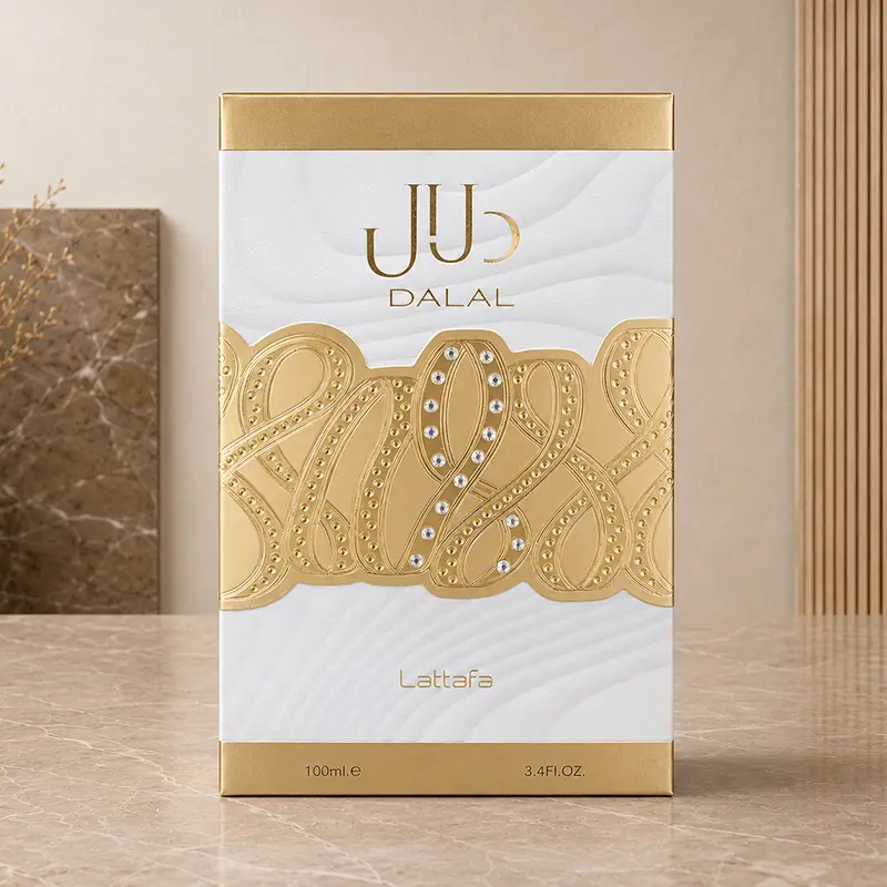 Dalal retail box with white and gold-coloured design, Lattafa branding and visible 100 ml and 3.4 fl. oz. text